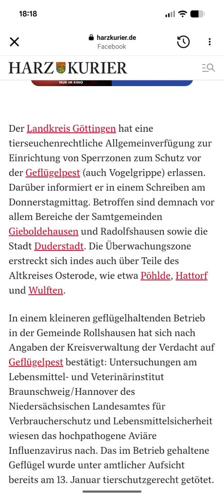Ausbruch der Vogelgrippe: Aufstallungspflicht ab dem 16.01.2026